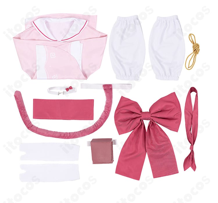 セット内容一覧のレイアウト。着物、帯、背部蝶結び、尻尾、チョーカー、靴下、レッグカバー、スカーフ、紐飾り。