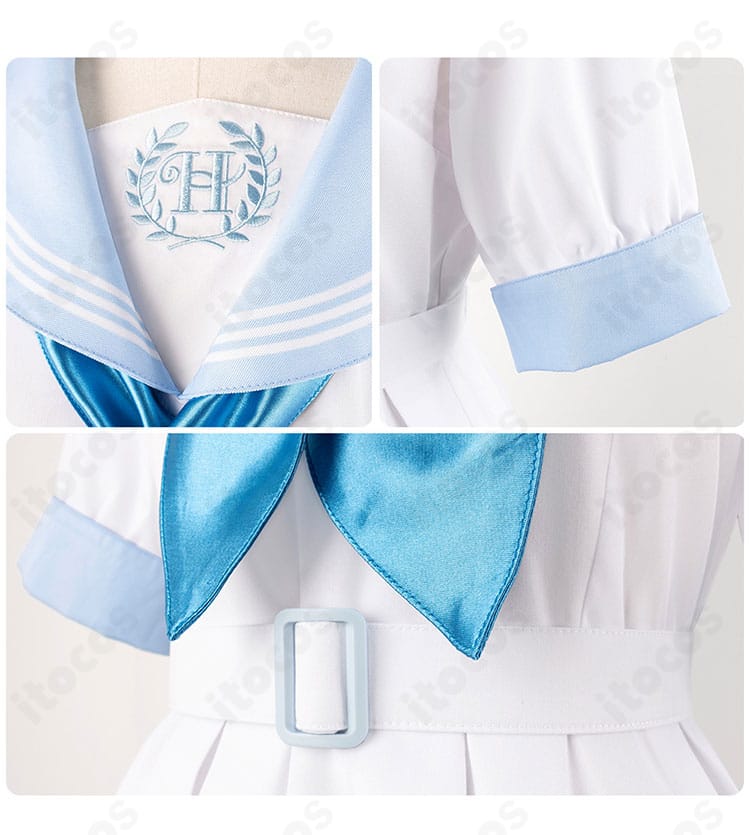 リボン・衣領・袖装飾の近接画像。丁寧なステッチと端処理、刺繍調装飾が質感高く仕上がっていることを示す。