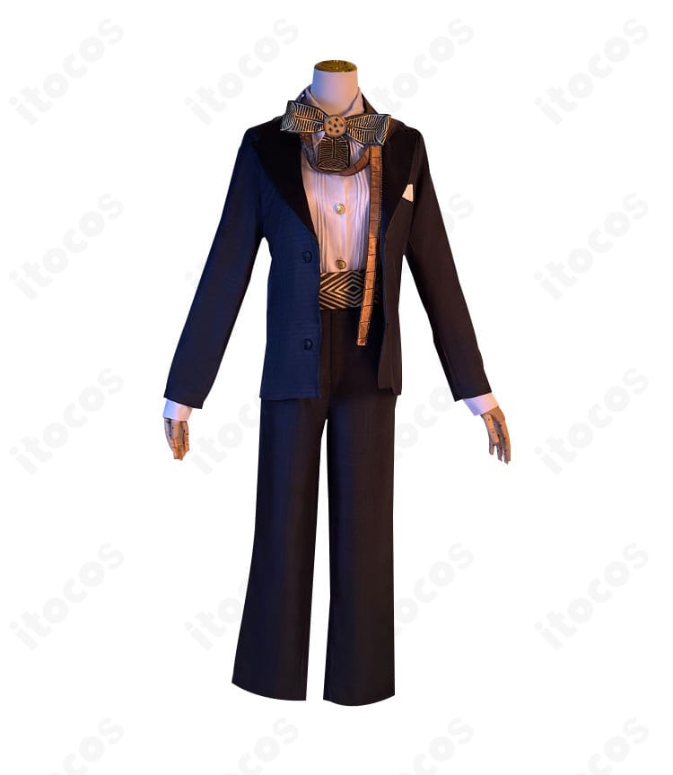 第五人格 囚人コスプレ衣装の正面全体。コートとリボンの配置、端正なシルエットが分かる構図。