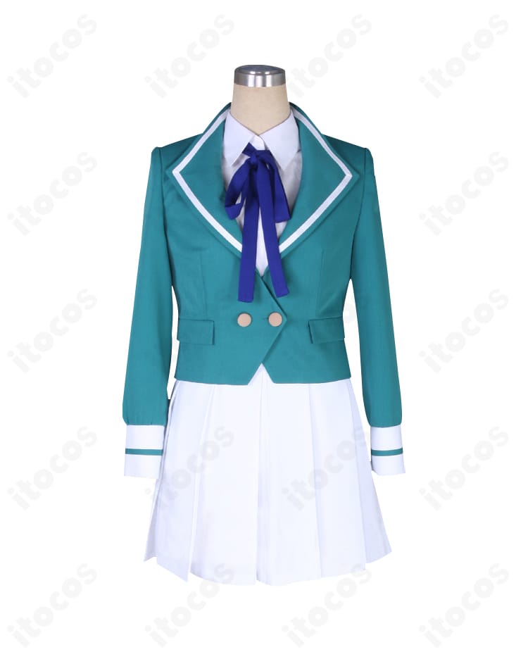 ゾンビランドサガ 星川リリィ 制服コスプレ衣装の正面写真。コート・シャツ・スカート・リボンの4点セット内容とシルエットが分かるカット。