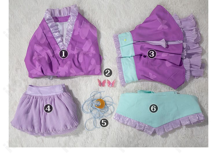 リルぷりっ 笹原名月 コスプレ衣装のセット内容展示。トップス、スカート、髪飾り、袖、コルセットベルト、腰飾りを並べて確認可能。