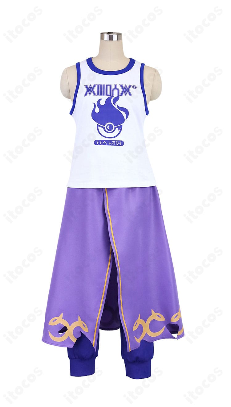 カキツバタ衣装の正面ディテール。襟元や前立て、ステッチの精密な仕立て