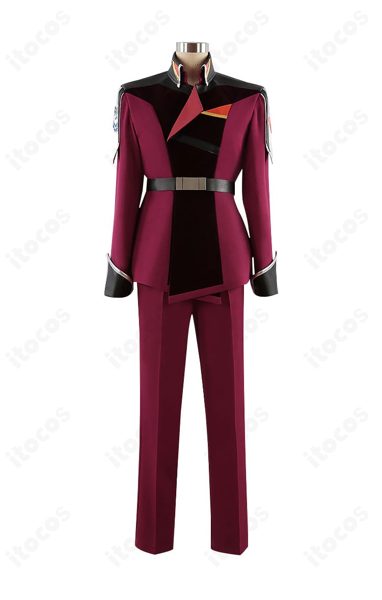 シン・アスカ コスプレ衣装の正面全身。上着・ズボン・ベルトの3点セット構成と直線的なデザインが確認できる正面カット。