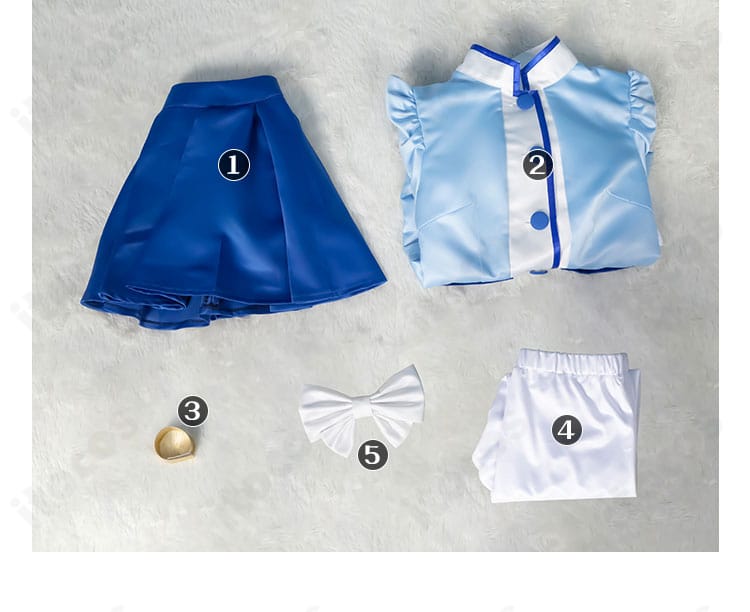 レイン コスプレ衣装のセット内容。トップス、スカート、ショートレギンス、蝶ネクタイ、髪飾り、帽子の6点