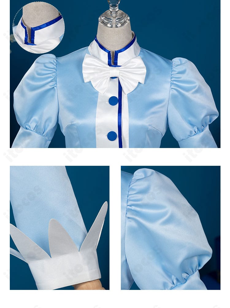 レイン衣装の襟元と肩・袖の装飾ディテール。リボンタイと襟のステッチ、肩飾りの造形を強調