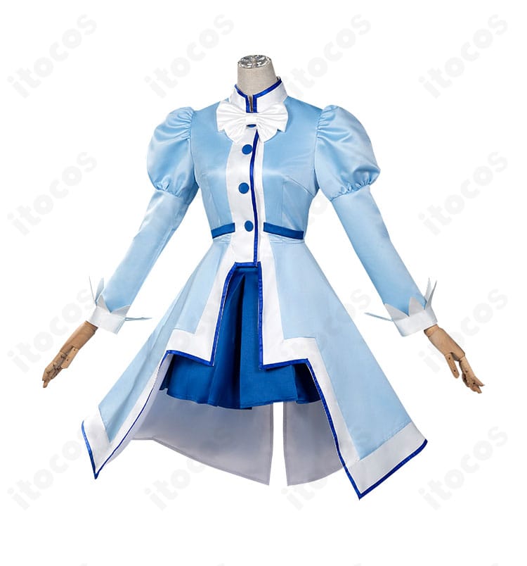 レイン コスプレ衣装のサイドビュー。ウエストラインとフレアのきれいなシルエット、袖口のディテールが確認できる角度