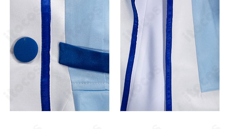レイン衣装の前身頃ボタンとストライプ装飾の近接写真。細部までこだわった再現性をアピール