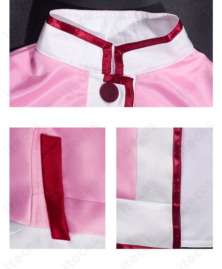 襟元のストライプ装飾アップ。コーデ全体のアクセントとなるデザイン。