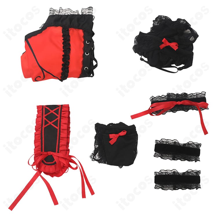 セット内容のフラットレイ。トップス、ショートパンツ、ガーターベルト、靴下、髪飾り、首飾り、腕飾りの全アイテム。