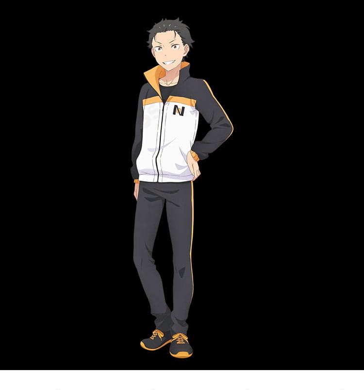 ナツキ・スバル 通常衣装コスプレ一式のイメージ。Re:ゼロの黒×オレンジ配色を高再現したジャージ風セット。