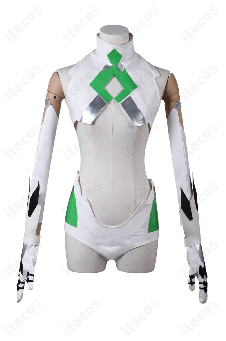 正面全体像。グリーンと白の配色、レオタードのシルエット、装飾の配置がわかる画像。