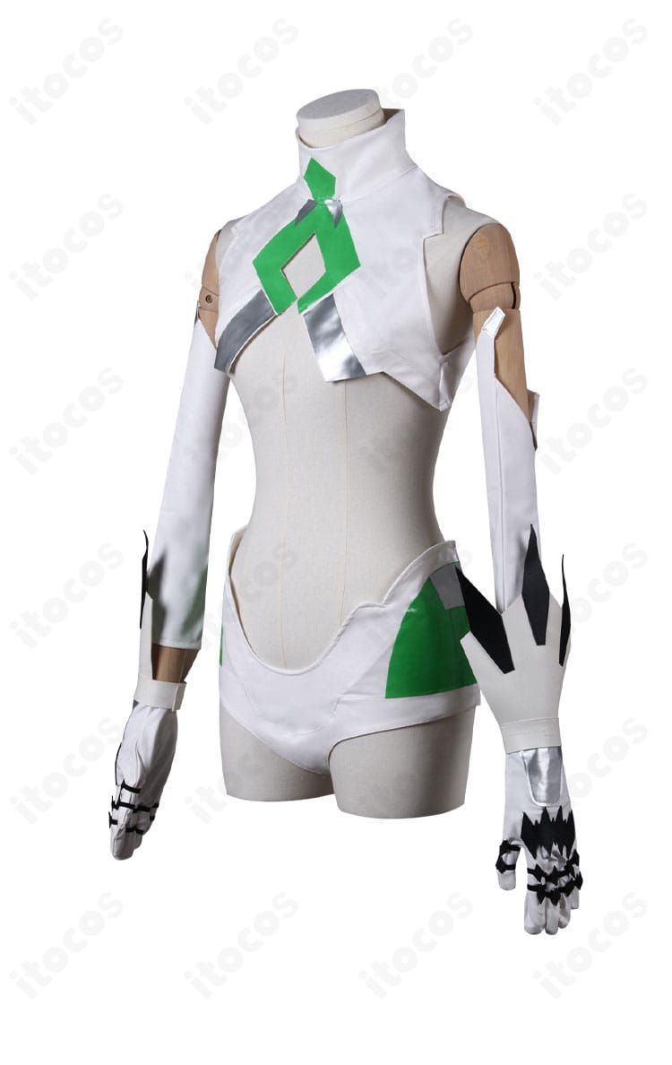 側面全体像。アームカバーとウエスト装飾の立体感、フィットするラインを確認できる画像。