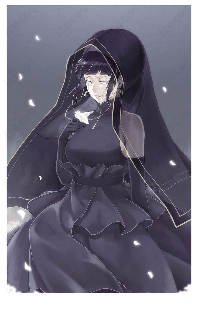 NARUTO -ナルト- 日向ヒナタのウェディングドレス版キャラクターイメージ。純白ドレスと頭巾で花嫁姿を表現。