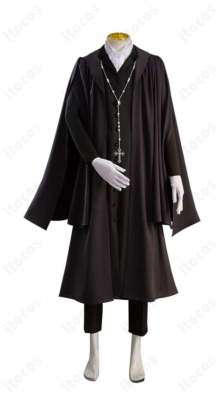 セバスチャン・ミカエリス 寄宿学校編コスプレ衣装の正面全身。ロングコートとシャツ、スカーフを整えた端正なデザイン。