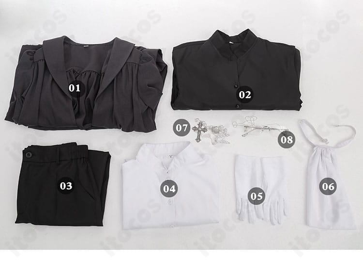 セット内容一式のレイアウト画像。コート、インナー、ズボン、シャツ、手袋、スカーフ、ネックレス、メガネ。