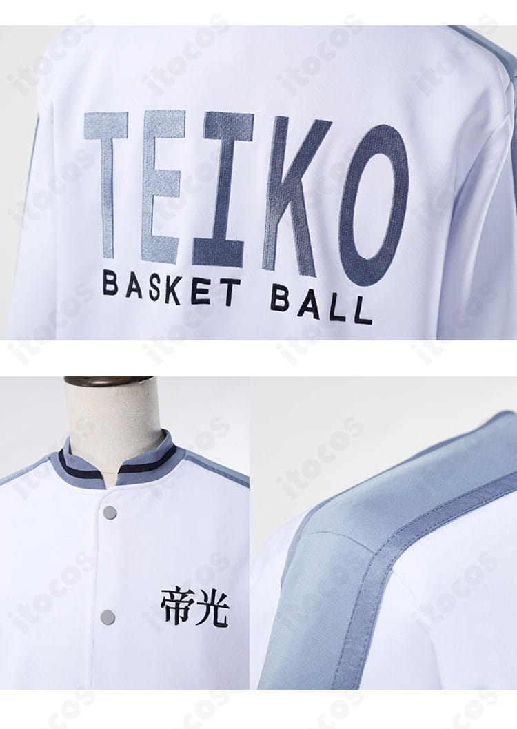 黒子のバスケ 黒子テツヤ ジャージの装飾ディテール。ロゴ表現と縫製、生地質感のクローズアップ