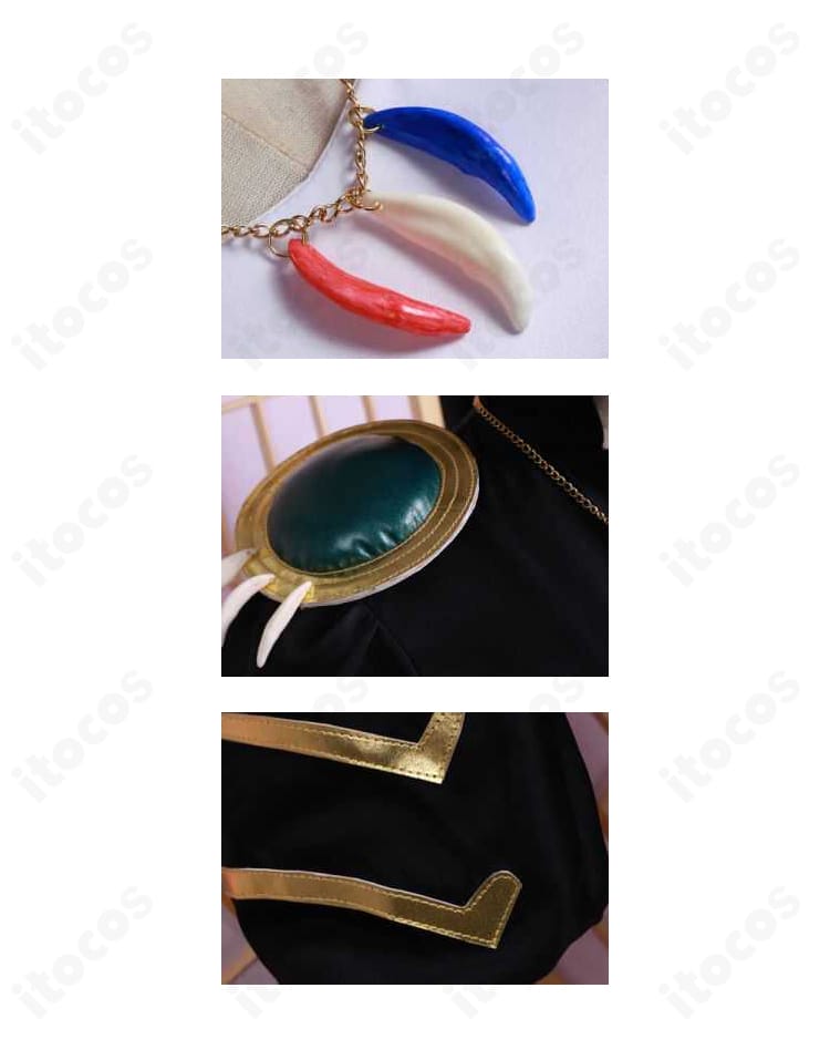 ミリム・ナーヴァ 戦闘服コスプレの装飾ディテール接写。縁取りやパーツ配置など繊細な意匠を強調したカット。