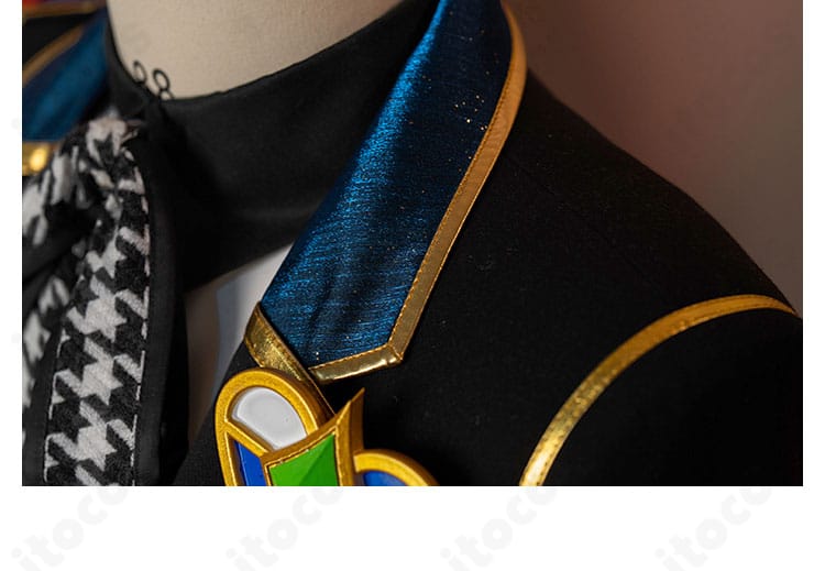 襟元の装飾詳細。丁寧な縫製と配色で襟周りを美しく再現