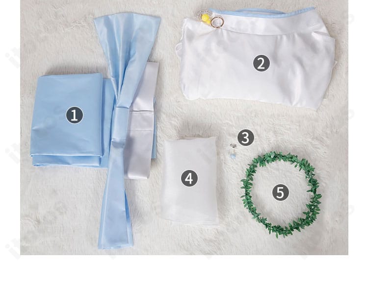 九条和音 神化衣装のセット内容一覧。ワンピース、コルセット、頭巾、耳飾り、髪飾りを配置。