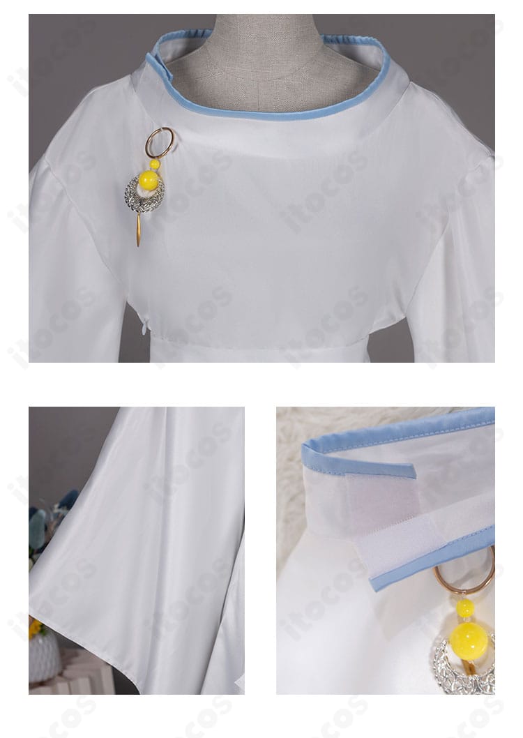 神化衣装の襟と袖の刺繍アップ。精緻なステッチと縁取りの意匠が特徴。