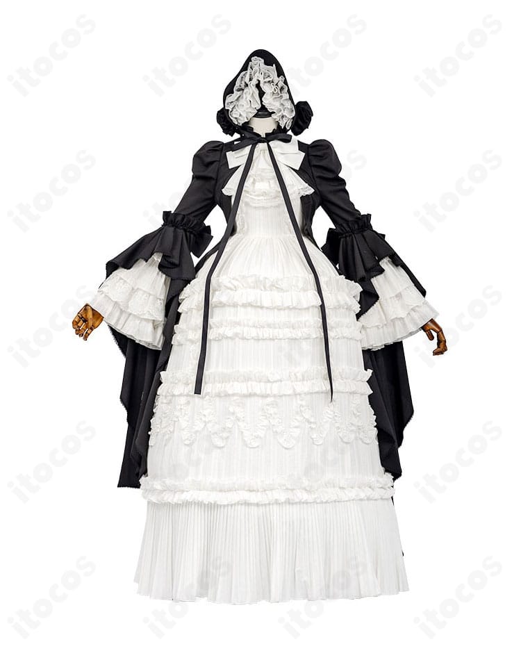 ゴスロリドレスの正面デザイン。襟元スカーフとレース装飾、Aラインの輪郭が分かるカット。