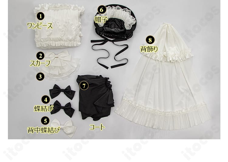 セット内容一式。コート、ワンピース、スカーフ、蝶結び、背中蝶結び、背飾り、帽子を並べた構成写真。