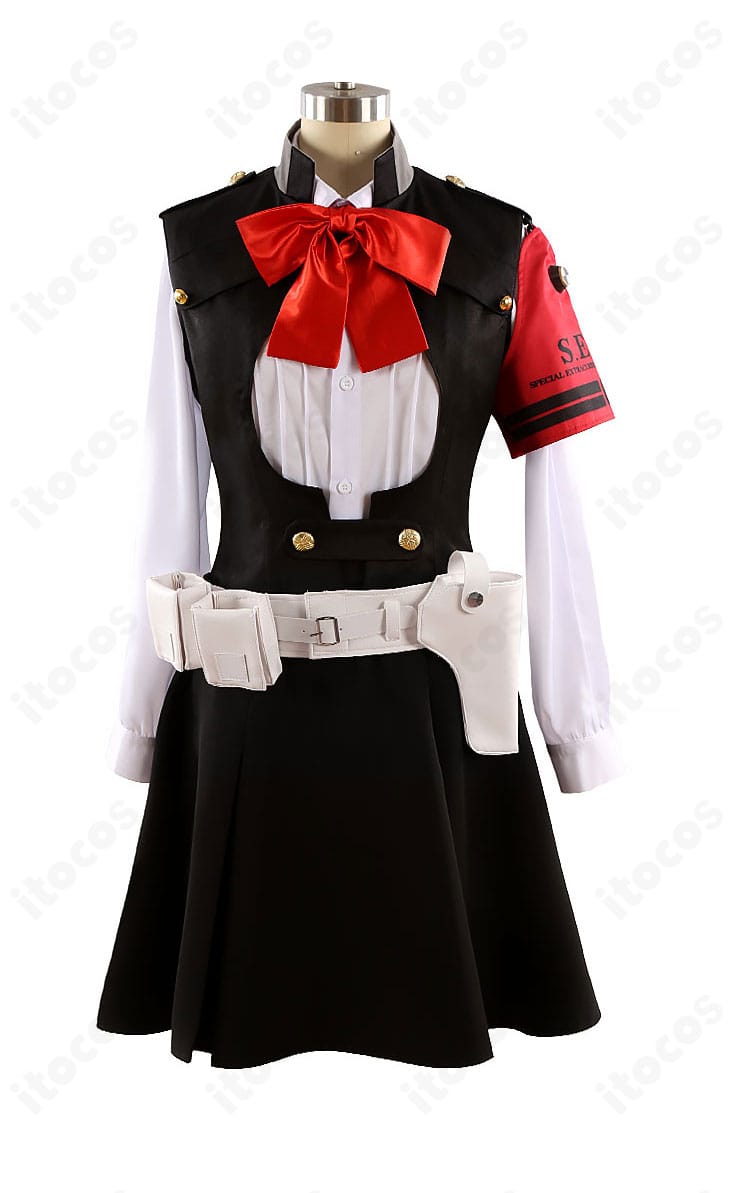 正面全身写真：ペルソナ3 リロード版 桐条美鶴の制服セット。ベストとマントの発色、シャツとスカートのバランスを高品質に再現。