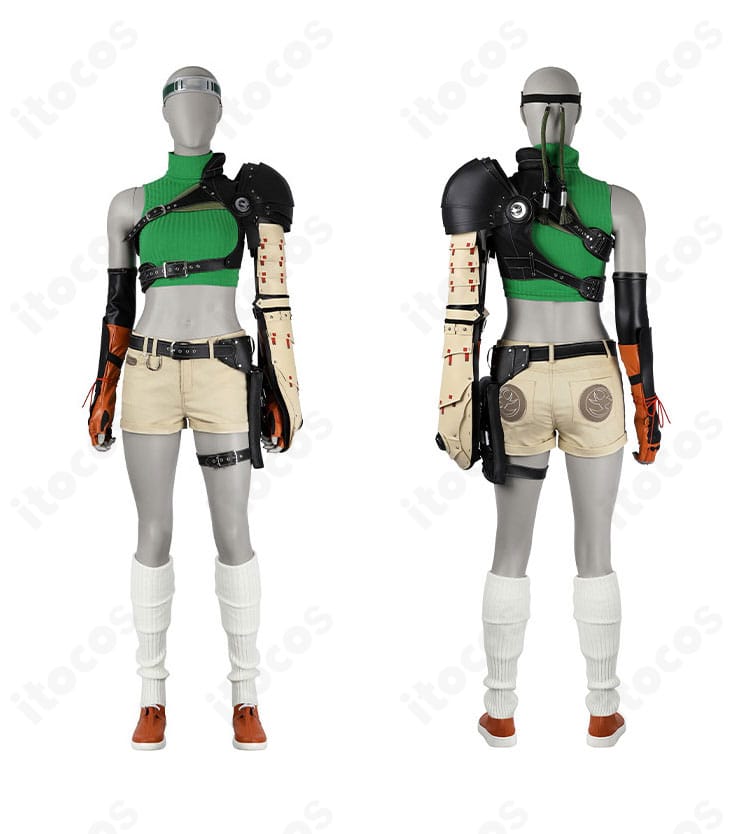 ユフィ衣装の正面・背面。トップスとショートパンツ、肩鎧・腰飾りの配置が分かる比較画像。