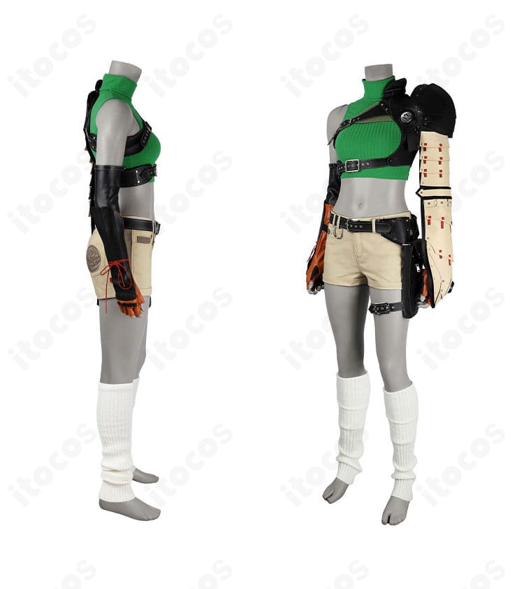 ユフィ衣装の側面。肩ストラップと腰バッグ風アクセのシルエットを確認できる角度。