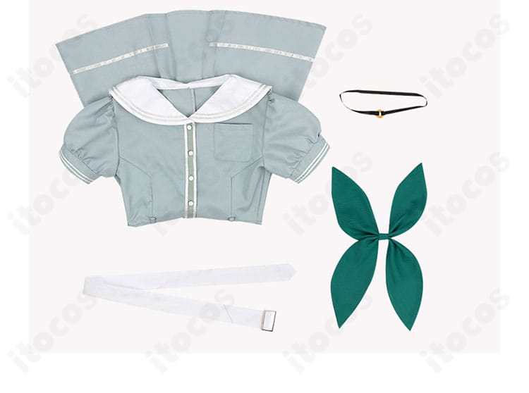 セット内容一覧画像。ワンピース、スカーフ、ベルト、チョーカーの4点セットが一目で分かる。