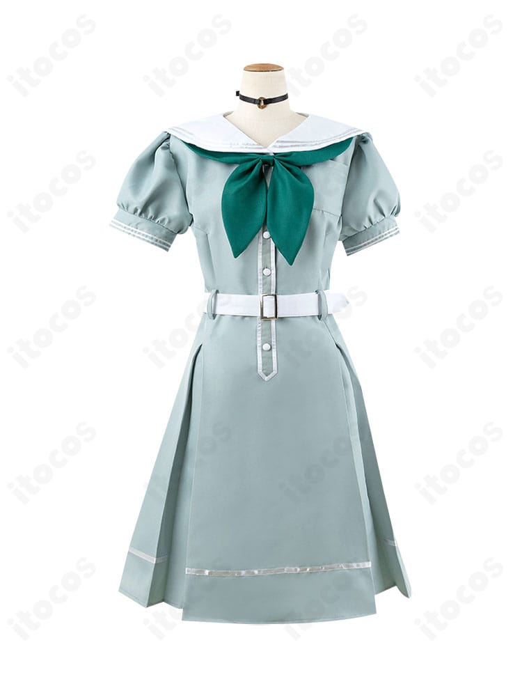 ラブライブ！蓮ノ空 夏制服ワンピースの正面全体。スカーフ・ベルト・チョーカーが映える清楚なデザイン。