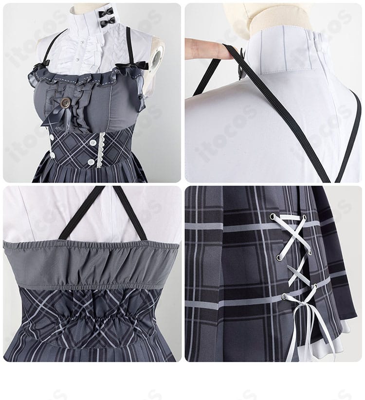 サロペット肩ベルトの正・背面ディテール。金具とステッチの意匠を示す近接写真