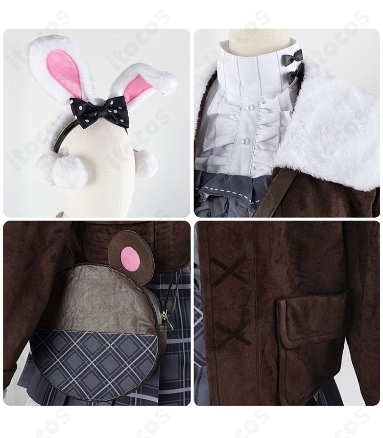 ヘッドアクセ、ショルダーバッグ、襟元、ポケットのクローズアップ。小物の質感と装飾が分かる画像