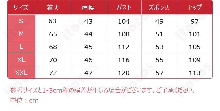 ブルーロック イングランド組コスプレ衣装のサイズ表（S〜XXL）と実測寸法データ