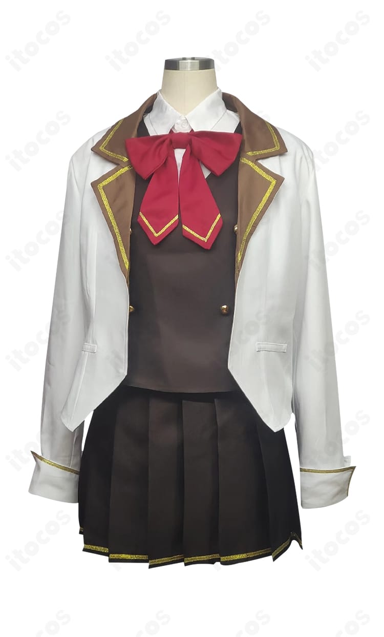 正面全身画像：アリサ・ミハイロヴナ・九条の学園制服コスプレ。コートとベスト、スカーフの配置がわかる構図。