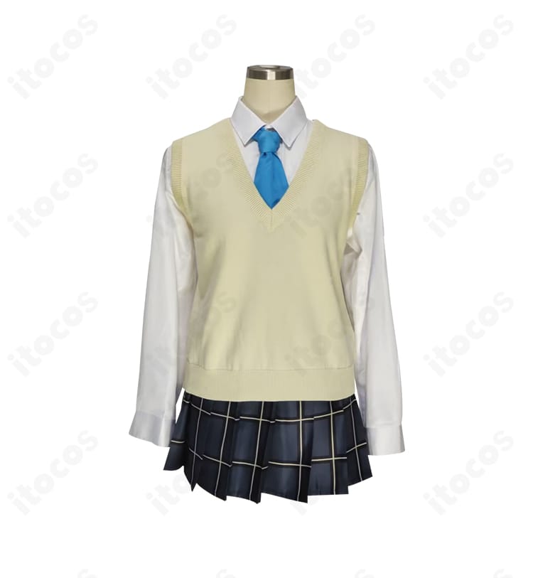 奥空アヤネ 制服コスプレのインナー構成。セーターとシャツ、ネクタイの結びと素材感が分かる細部カット。