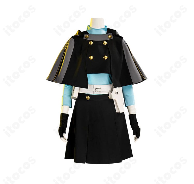 山岸風花 新戦闘服コスプレの正面カット。襟元と胸元の装飾、腕章が明瞭に確認できる構図。