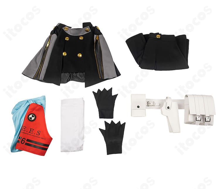 山岸風花 新戦闘服コスプレのセット一式。マント、トップス、スカート、手袋、靴下、ベルト類の内容が一目でわかる写真。
