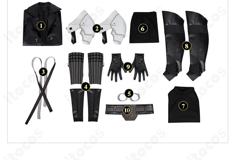 セフィロスコスプレ衣装 セット内容一式を並べたレイアウト画像