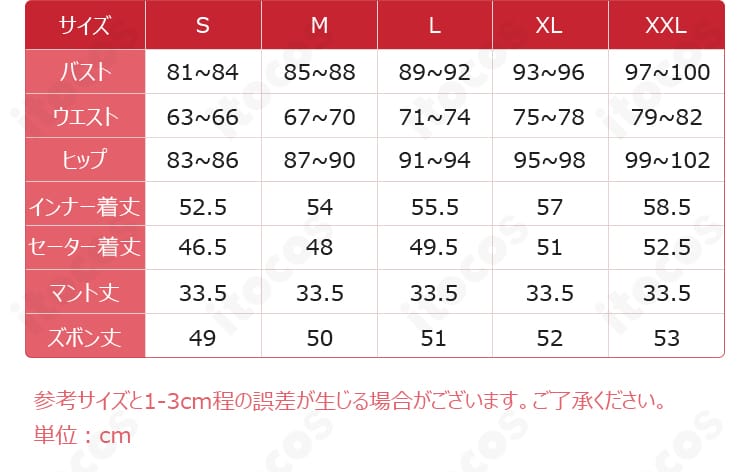 サイズチャート画像。S〜XXLの各寸法を見やすくまとめたガイド