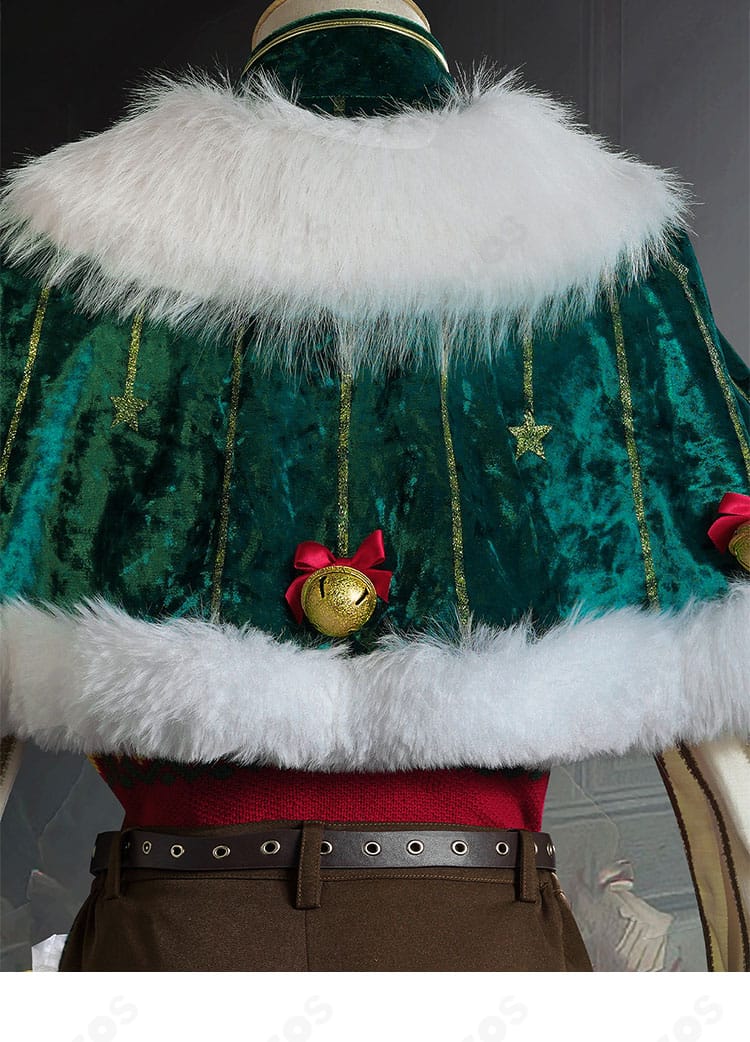 披肩（ショルダーケープ）の縁取りと留め具の近接画像。素材感と質感を表現