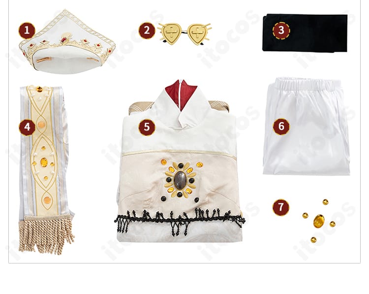 セット内容（トップス・ズボン・帽子・メガネ・靴下・マフラー）を並べた構成画像