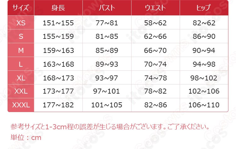 サイズレンジ（XS〜XXXL・オーダーメイド対応）と採寸ガイドの説明画像