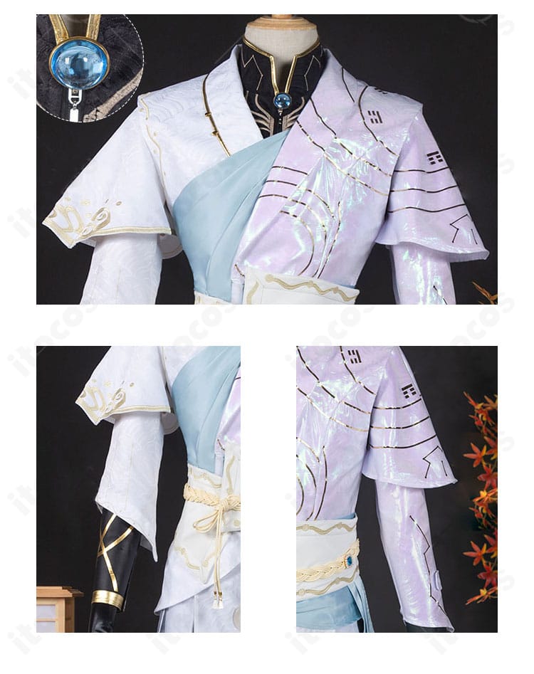 上衣アクセサリーのクローズアップ。精緻な刺繍やメタル調パーツなど細部の意匠が見える。