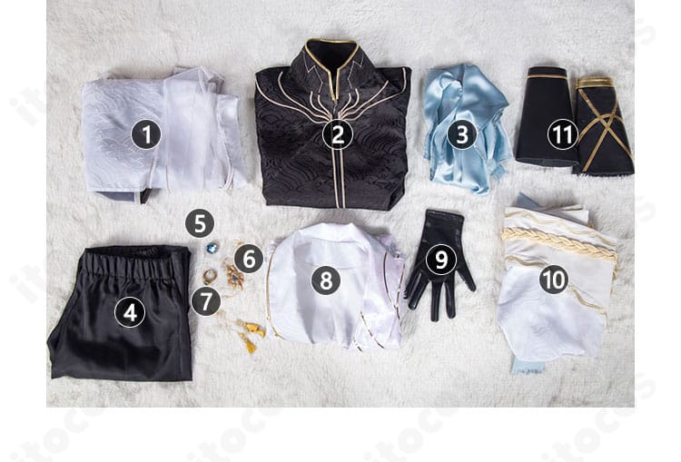 セット内容一覧。上着、スカート、インナー、リボン、ズボン、胸飾り、腰飾り、指輪、手袋、コルセットベルト、手鎧をフル装備。