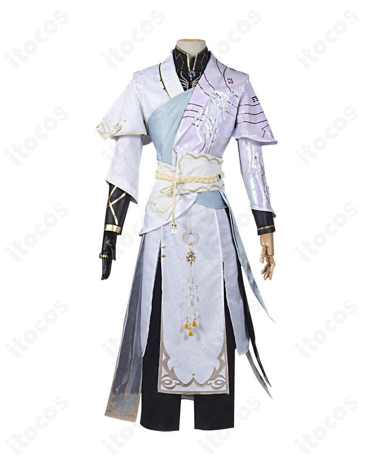 謝必安（白黒無常）燦然たる北辰コスの正面全身。胸飾り・コルセットベルト・裾ラインまで忠実に再現。