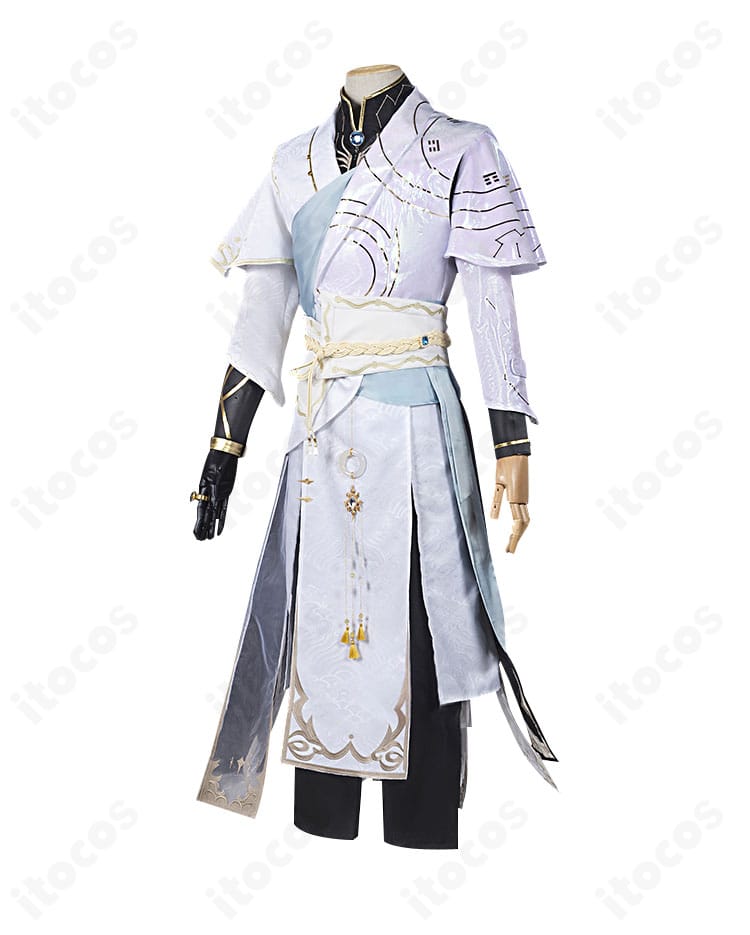 謝必安（白無常）コスプレ側面。袖と裾のレイヤード、透け感生地の重なりが分かる角度。