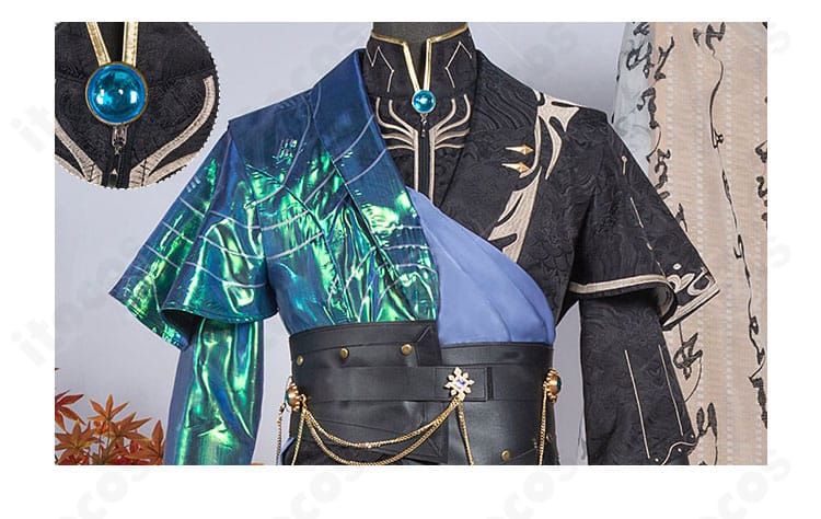 白黒無常コスプレ衣装の領口装飾アップ｜襟元の意匠と質感が分かる詳細画像