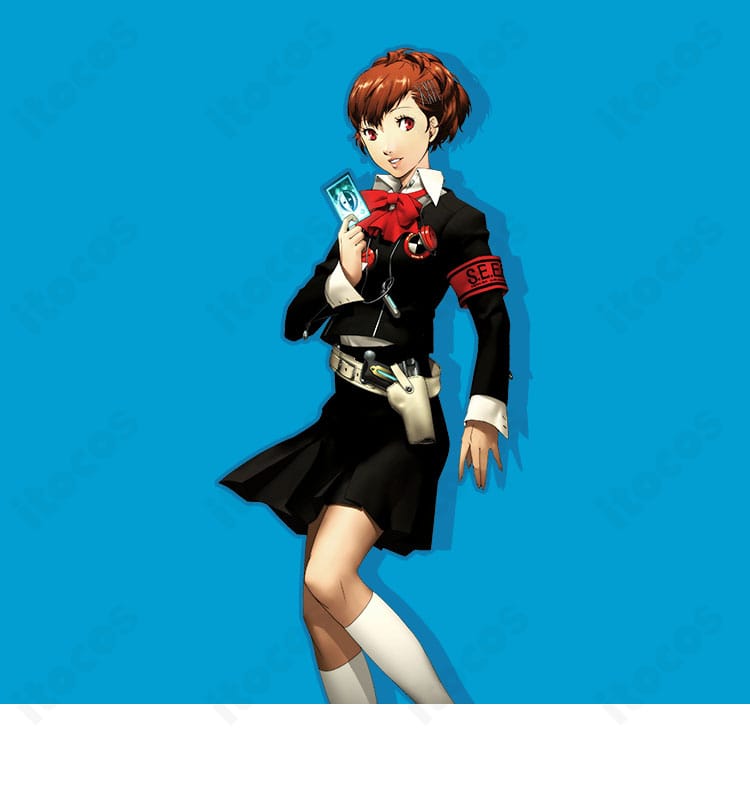 汐見琴音（ハム子）の学園制服コスプレ一式を着用したキャラクター画像。ペルソナ3 ポータブルの月光館学園スタイルを再現。