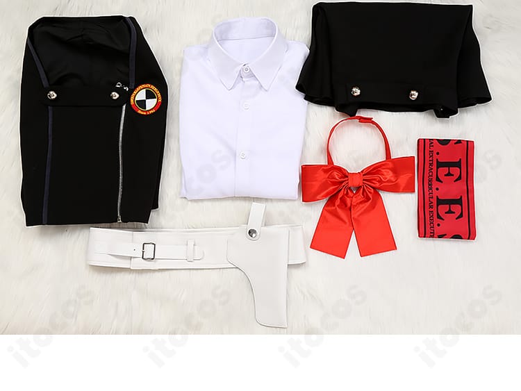 汐見琴音（ハム子）コスプレ衣装セット内容一式。コート、シャツ、スカート、スカーフ、腕章、ホルスターの同梱品。